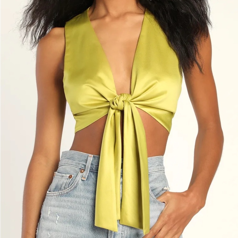Lulu’s Wildly Cute Lime Green Satin Tie-Front Cropped Tank Top